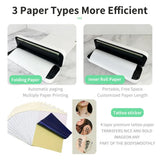 Portable thermal printer with folding paper, inner roll paper and tattoo sticker paper — three paper types for wireless inkless A4 printing
