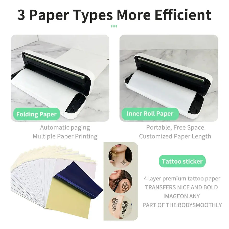 Portable thermal printer with folding paper, inner roll paper and tattoo sticker paper — three paper types for wireless inkless A4 printing