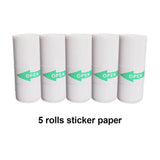 Five rolls of sticker paper with 'Open' labels for mini Bluetooth thermal label printer on white background