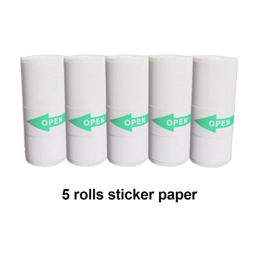 Five rolls of sticker paper with 'Open' labels for mini Bluetooth thermal label printer on white background