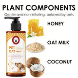 Pet oat shampoo bottle with plant components like honey, oat milk, and coconut on a white background.