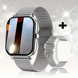 Smartwatch with a metal mesh band on a sparkling background