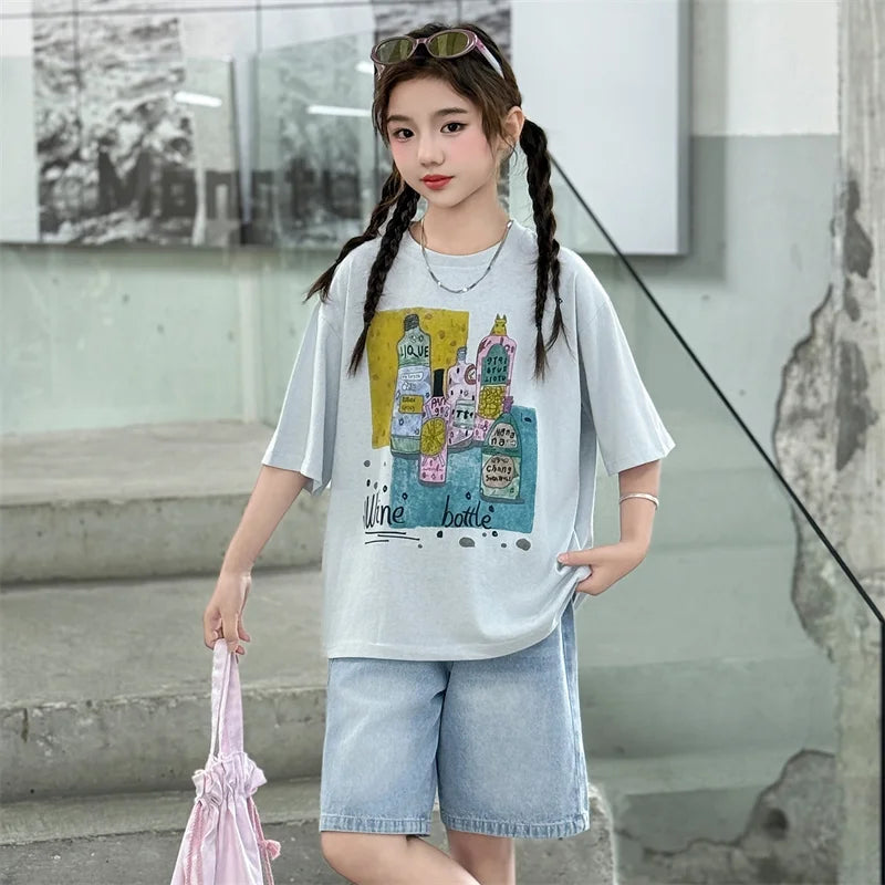 Girls Summer Outfit Set – Print T-Shirt + Shorts (Ages 5-14)