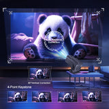 4K portable projector projecting a panda cartoon video on screen with correction features highlighted