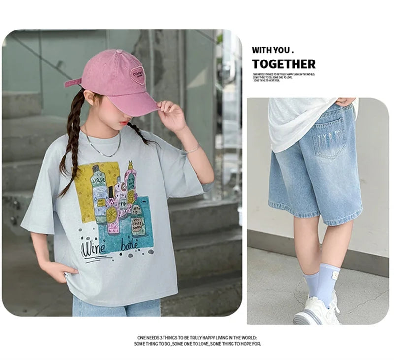 Girls Summer Outfit Set – Print T-Shirt + Shorts (Ages 5-14)