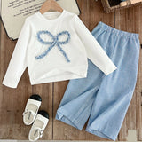 Girls 2-Piece Outfit Set – Bow Long-Sleeve Top + Striped Wide-Leg Pants