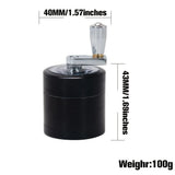 Black cylindrical grinder with measurements and weight displayed on a white background