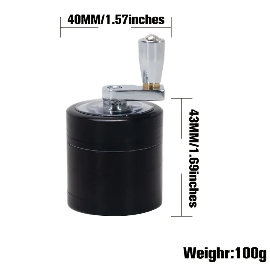 Black cylindrical grinder with measurements and weight displayed on a white background