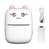 Cute cartoon-style mini Bluetooth thermal label printer with pink accents on white background