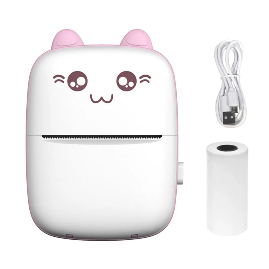 Cute cartoon-style mini Bluetooth thermal label printer with pink accents on white background