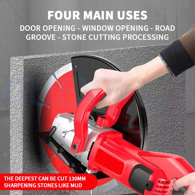 8800W concrete cutting machine four main uses – door opening, window opening, road groove and stone cutting, cuts up to 130mm deep