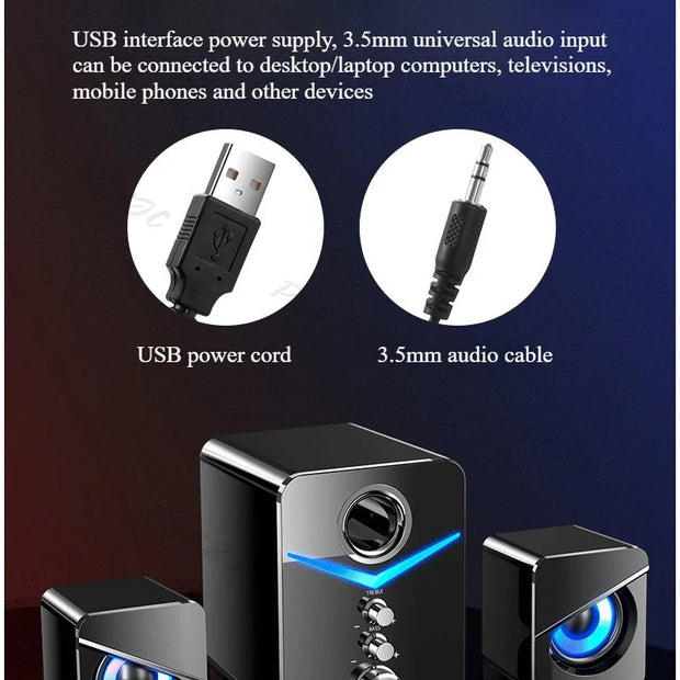 Wired desktop speakers showcasing USB power supply and 3.5mm audio input cables for easy connectivity.