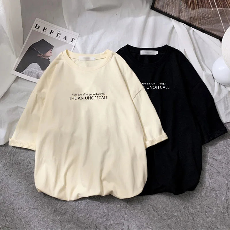 Man's T-shirt Fashion Letter Print T Shirt Man displayed in beige and black options on a stylish background.
