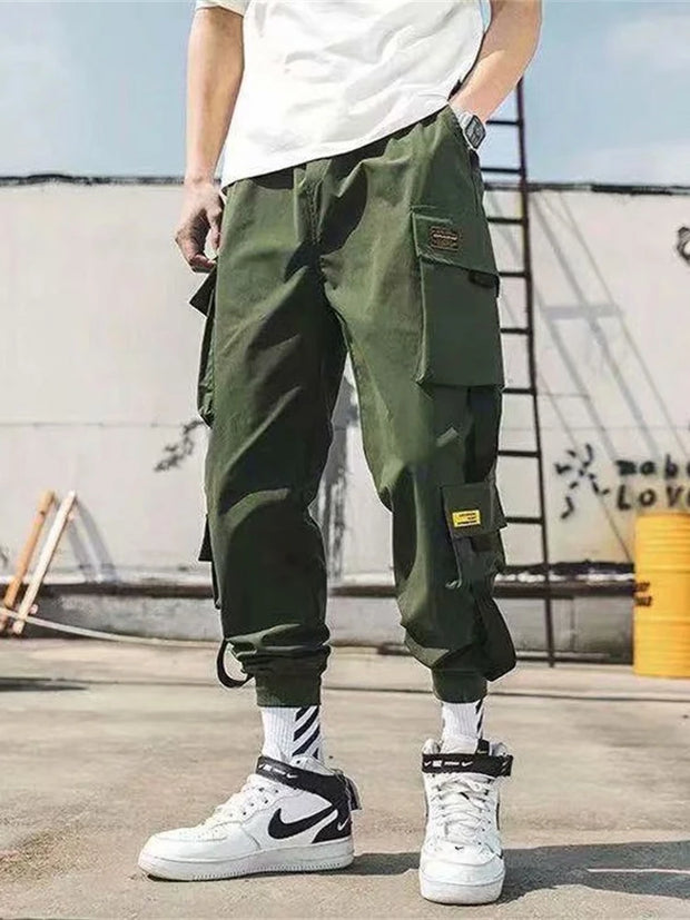 Joggers Cargo Pants for Men Casual Hip Hop Hit Color Pocket Male Trousers Sweatpants Streetwear Ribbons Techwear Pants