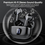 Wireless earbuds with charging case on a dark background with sound wave graphics.