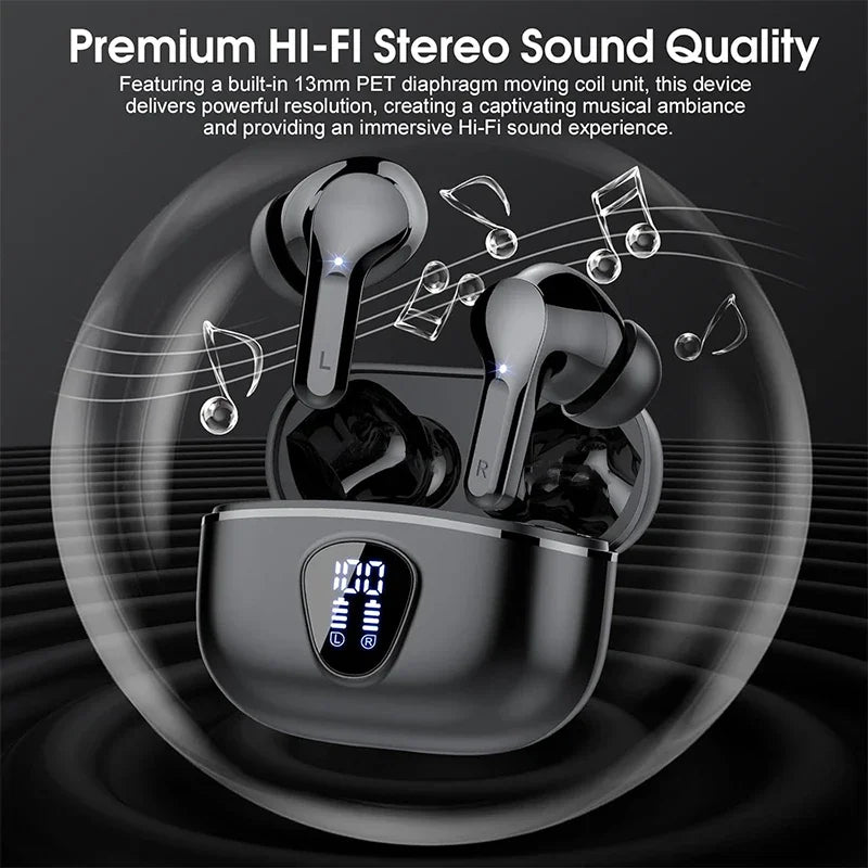 Wireless earbuds with charging case on a dark background with sound wave graphics.