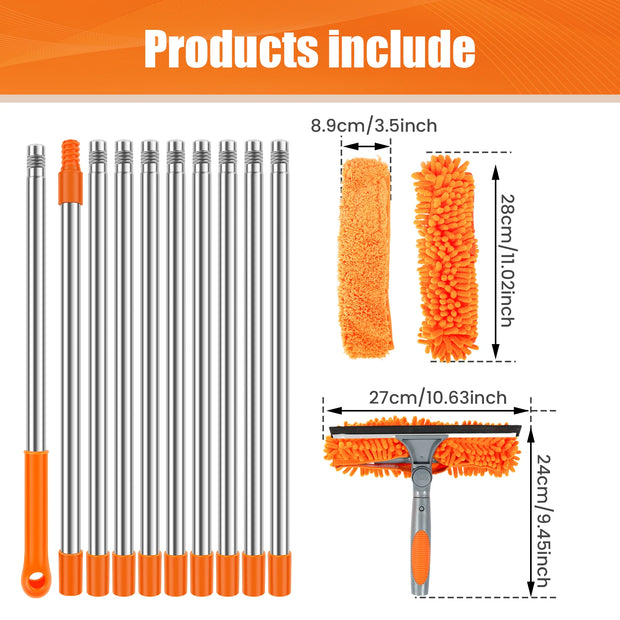 100-420CM Extended Window Cleaning Kit 2 in 1 Double Sided Glass Squeegee Cleaner Duster Mop 180° Swivel Window Cleaning Tools
