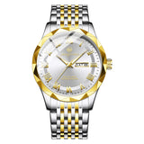 Men's minimalist quartz leisure watch – two-tone silver and gold watch with white face on white background