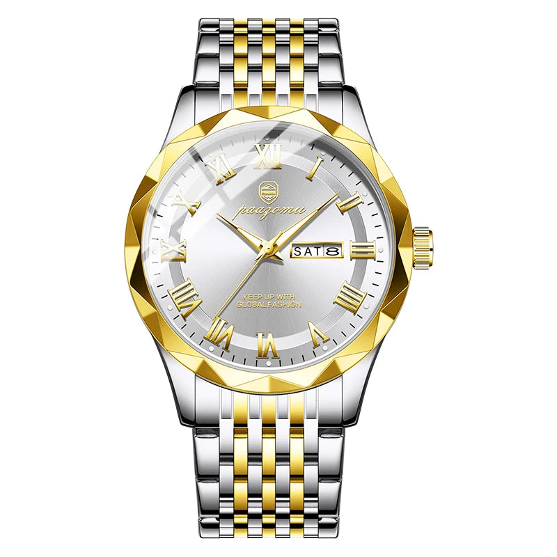 Men's minimalist quartz leisure watch – two-tone silver and gold watch with white face on white background