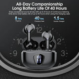 Wireless earbuds with charging case on a black background with battery life information.