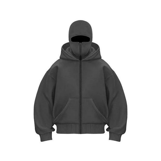 Men's Balaclava Zip Hoodie with Face Mask Winter Warm Zipper Sweatshirt Oversized Hooded Sports Jacket for Outdoor Activities