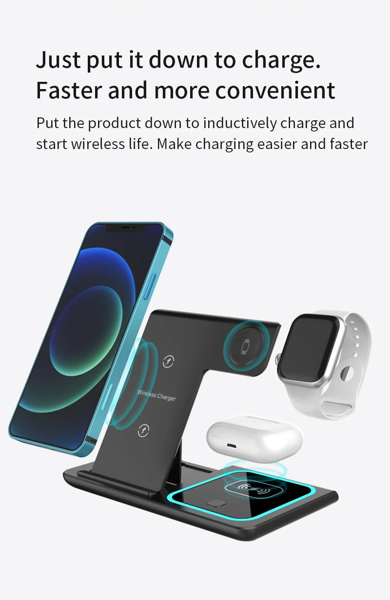 3-in-1 Wireless Charging Station – Travel Pad for iPhone 12-17, iWatch & AirPods, 15W