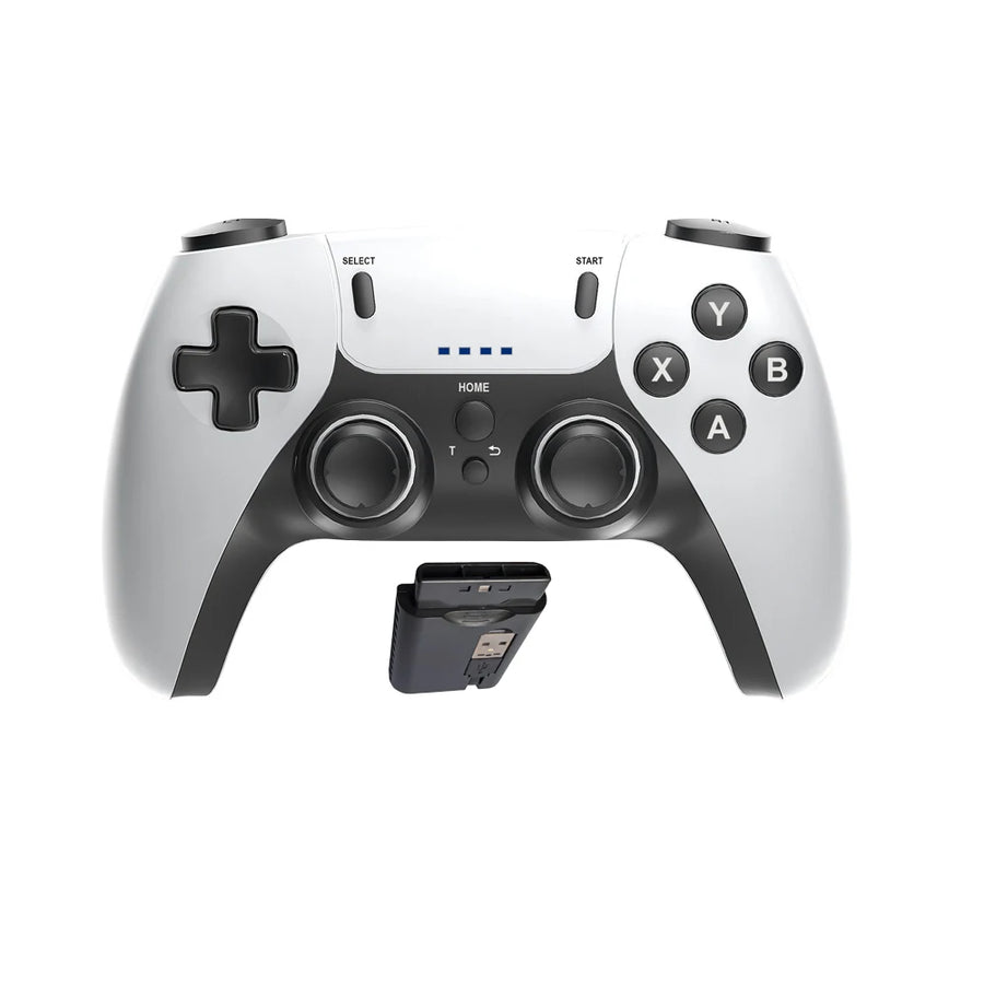 White gaming controller with USB receiver on a white background