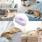 Collage of pets in various settings with a close-up of the 3-in-1 pet steam brush – deshedding grooming comb with steam spray