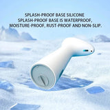 White electronic device with text about splash-proof base silicone on a snowy background