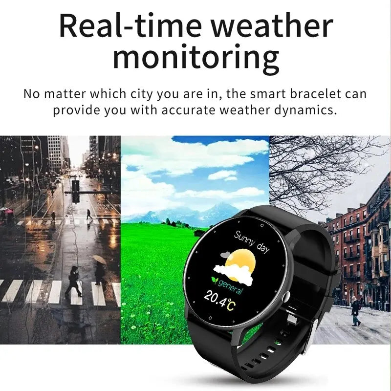 Smart bracelet with weather display against collage of city scenes