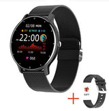 Black LIGE smartwatch with digital display and extra band on white background
