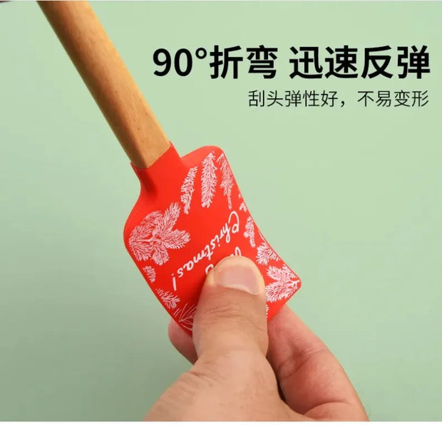 Christmas Themed Wooden Handle Pastry Batter Mixing Scraper Cake Cream Silicone Spatula Baking Decorating Tools Kitchen Utensils