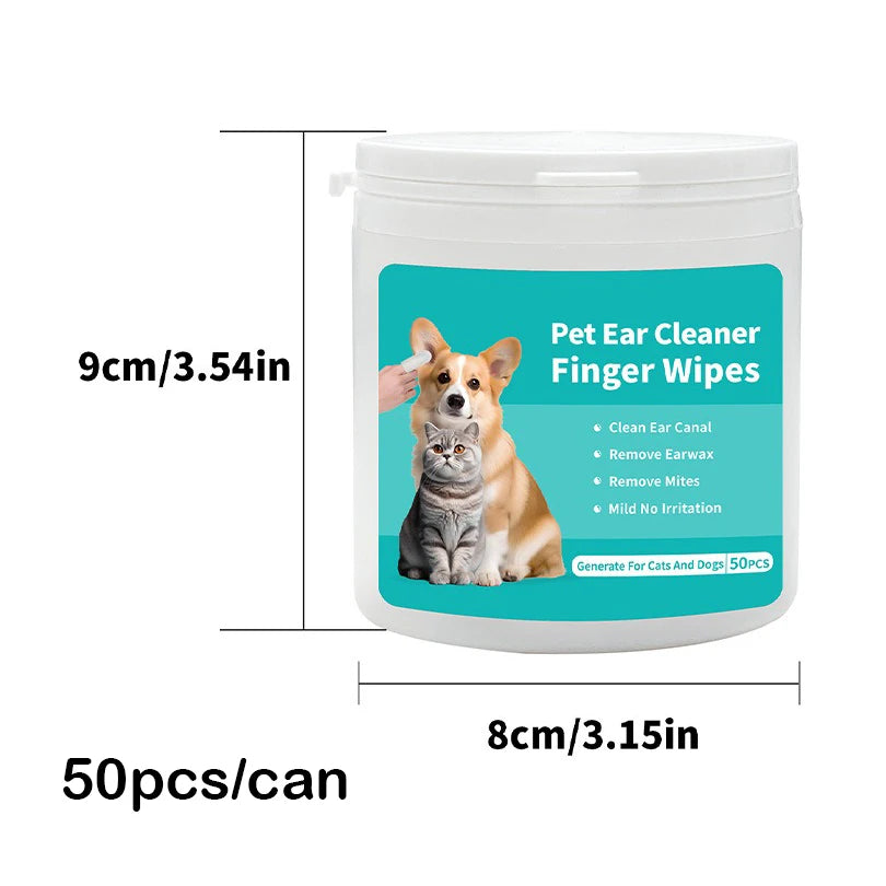 Pet ear cleaning finger wipes container with dimensions and product details on a white background