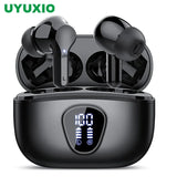 Black wireless earbuds with charging case and digital display on a white background, branded 'UYUXIO'.