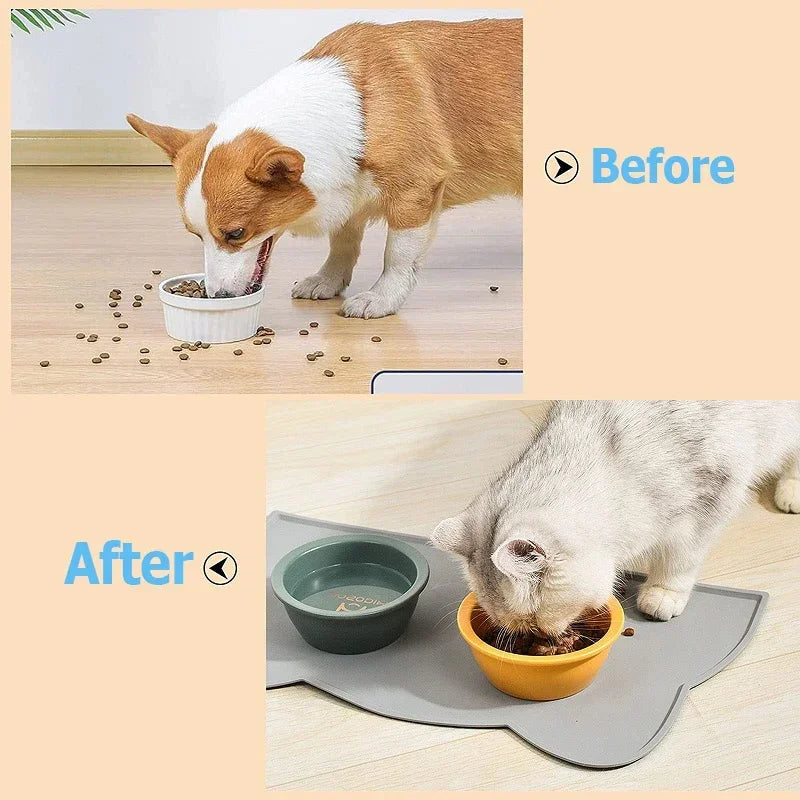 Before and after – pet feeding mat keeps floors clean and dry