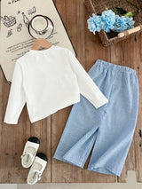 Girls 2-Piece Outfit Set – Bow Long-Sleeve Top + Striped Wide-Leg Pants