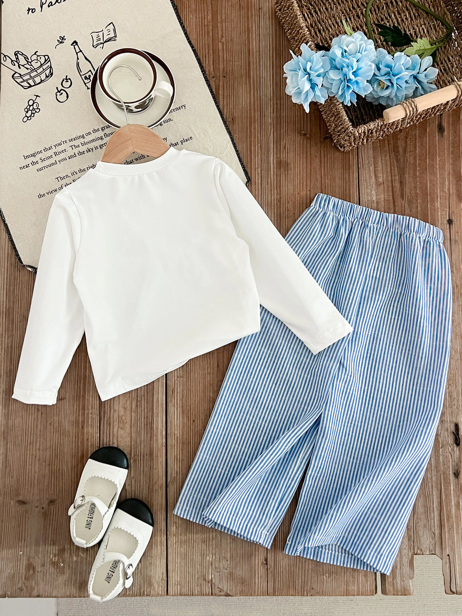 Girls 2-Piece Outfit Set – Bow Long-Sleeve Top + Striped Wide-Leg Pants