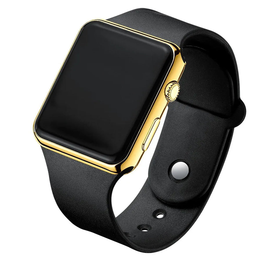 Black LED digital sport watch with gold frame and black silicone band on white background, gold unisex casual watch.