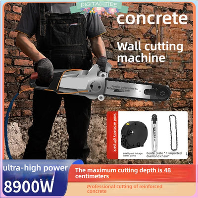 8900W diamond concrete chain saw portable wall cutting machine held by worker against brick wall, 48 cm max cutting depth for reinforced concrete and granite, with water pump and diamond chain accessory pack