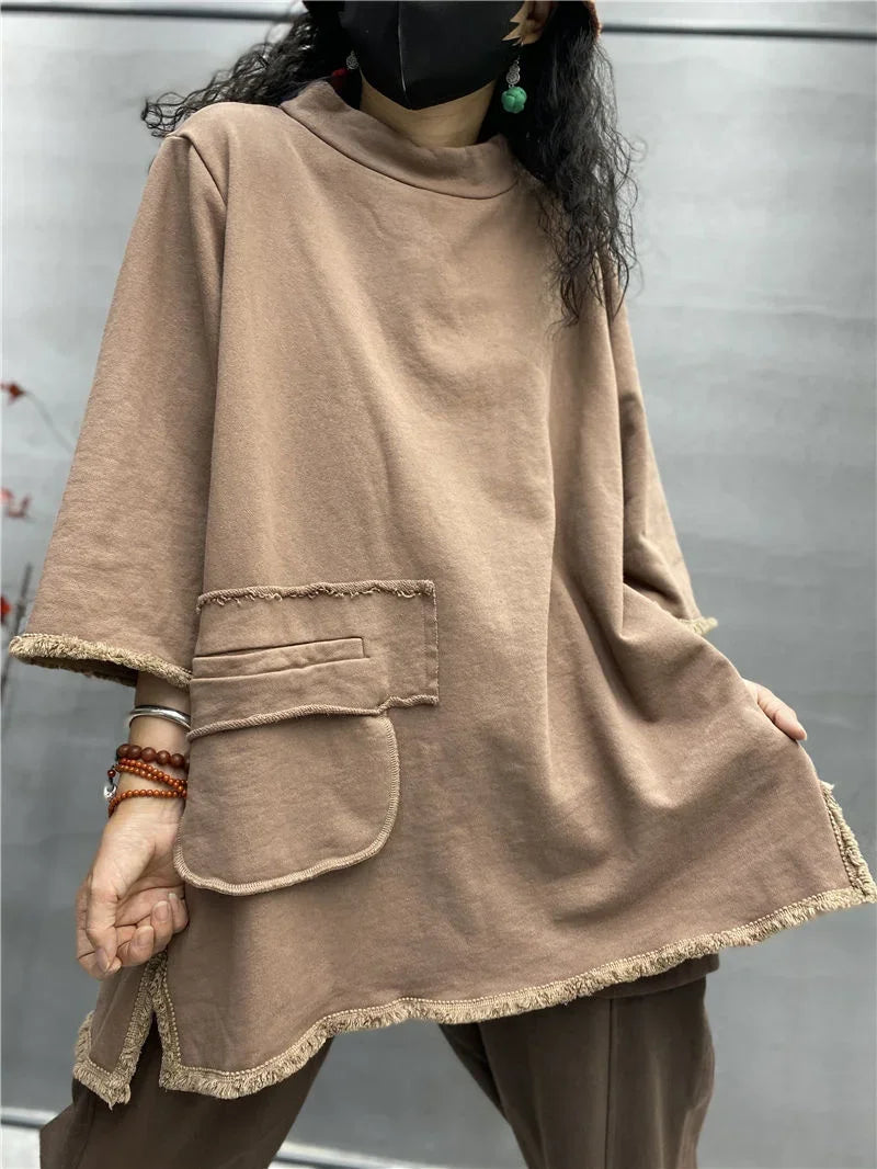 Womens plus size long sleeve top in light coffee, loose fit t-shirt on plain background