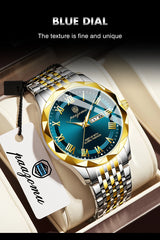 Men's minimalist quartz leisure watch – luxury watch with blue dial and gold accents in box with brand tag