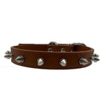 Brown spiked dog collar – PU leather studded collar with silver spikes on white background