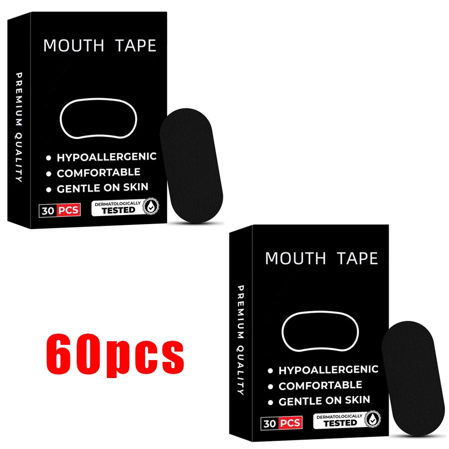 Two boxes of mouth tape with black strips on a white background