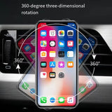 A smartphone shown in a car interior with graphic overlays indicating 360-degree three-dimensional rotation around the phone, set against blurred dashboard vents.