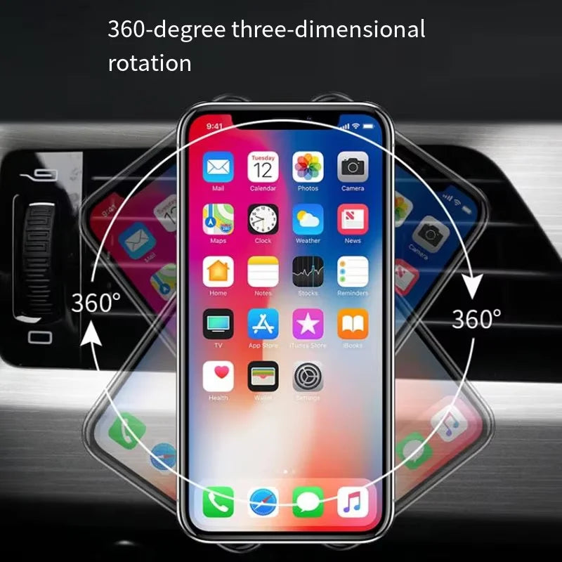 A smartphone shown in a car interior with graphic overlays indicating 360-degree three-dimensional rotation around the phone, set against blurred dashboard vents.