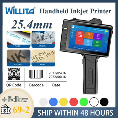 WILLITA 25.4mm Portable Handheld Inkjet Tij Printer Gun For Logo Expiry Date QR Barcode Batch Numbers Label Machine S10