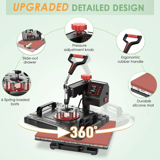5 in 1 Heat Press Machine Sublimation Heat Press 360° Swing Away Heat Transfer Digital T-Shirt Pressing Multifunction Combo