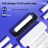 Portable Bluetooth thermal label printer with print speed and capacity details on a blue background — wireless inkless label maker