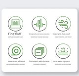 Set of icons and text describing features of a product on a white background