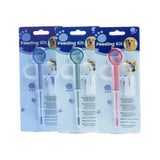Three pet pill feeder kit packages with different colored soft tips on white background